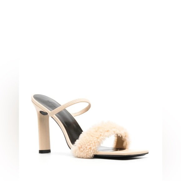 By Far Ada shearling sandals sable beige 100mm stiletto heel square toe leather